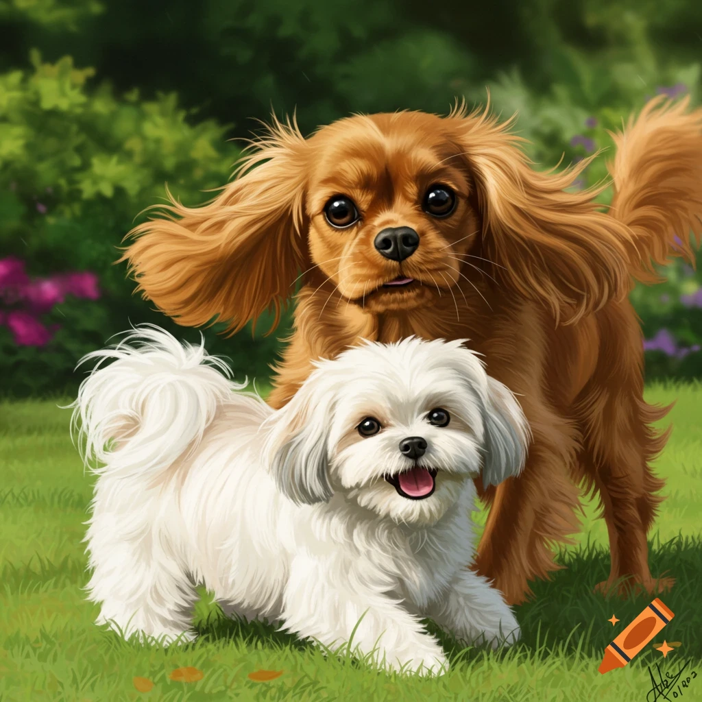 A brown Cavalier King Charles Spaniel and a white Shihchon puppy playing in grass.