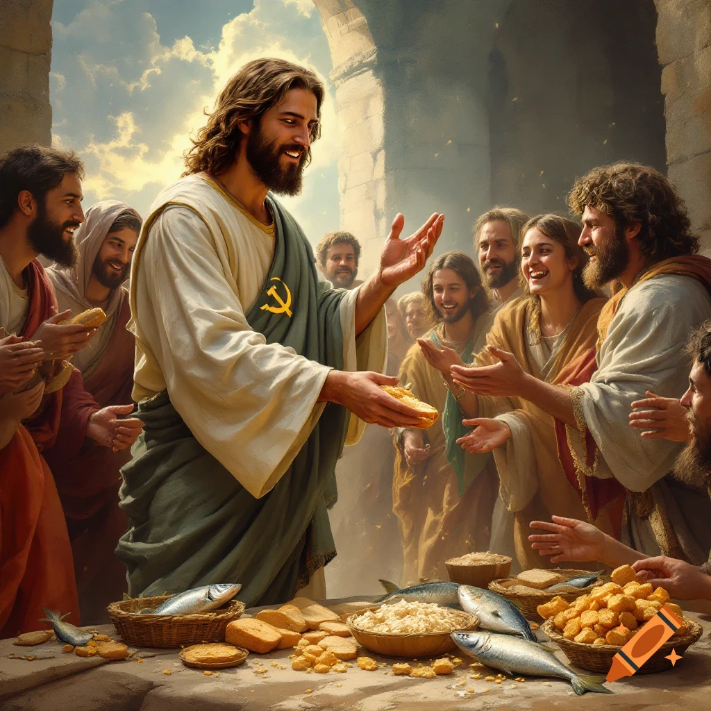 Jesus, wearing a tunic with a hammer and sickle symbol, distributing bread and fish to a crowd of followers.