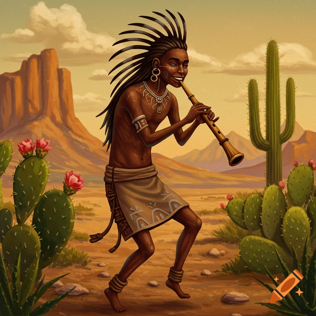 A person with elaborate hair and face paint is dancing and playing a flute in a desert with cacti.