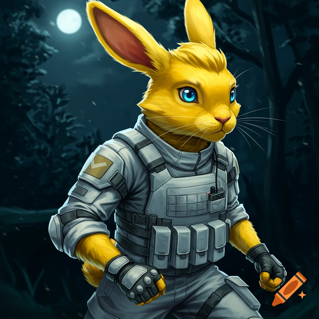 Anthro yellow rabbit with blue eyes wearing light gray tactical soldier gear in a dark forest at night.