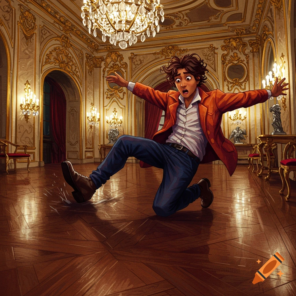 A man in a red jacket is slipping and falling on a polished floor in a grand ballroom.