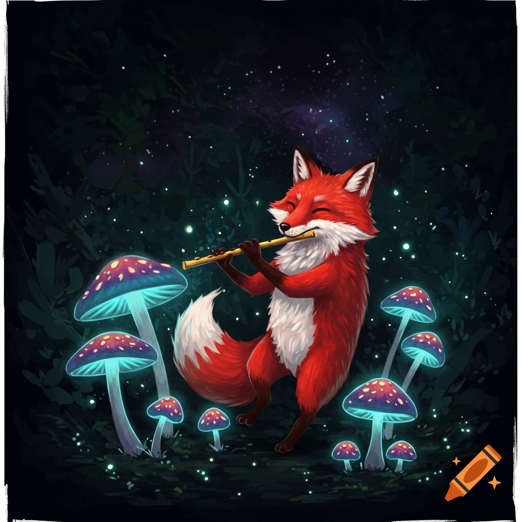 A fox is playing a flute among glowing mushrooms in a dark forest.