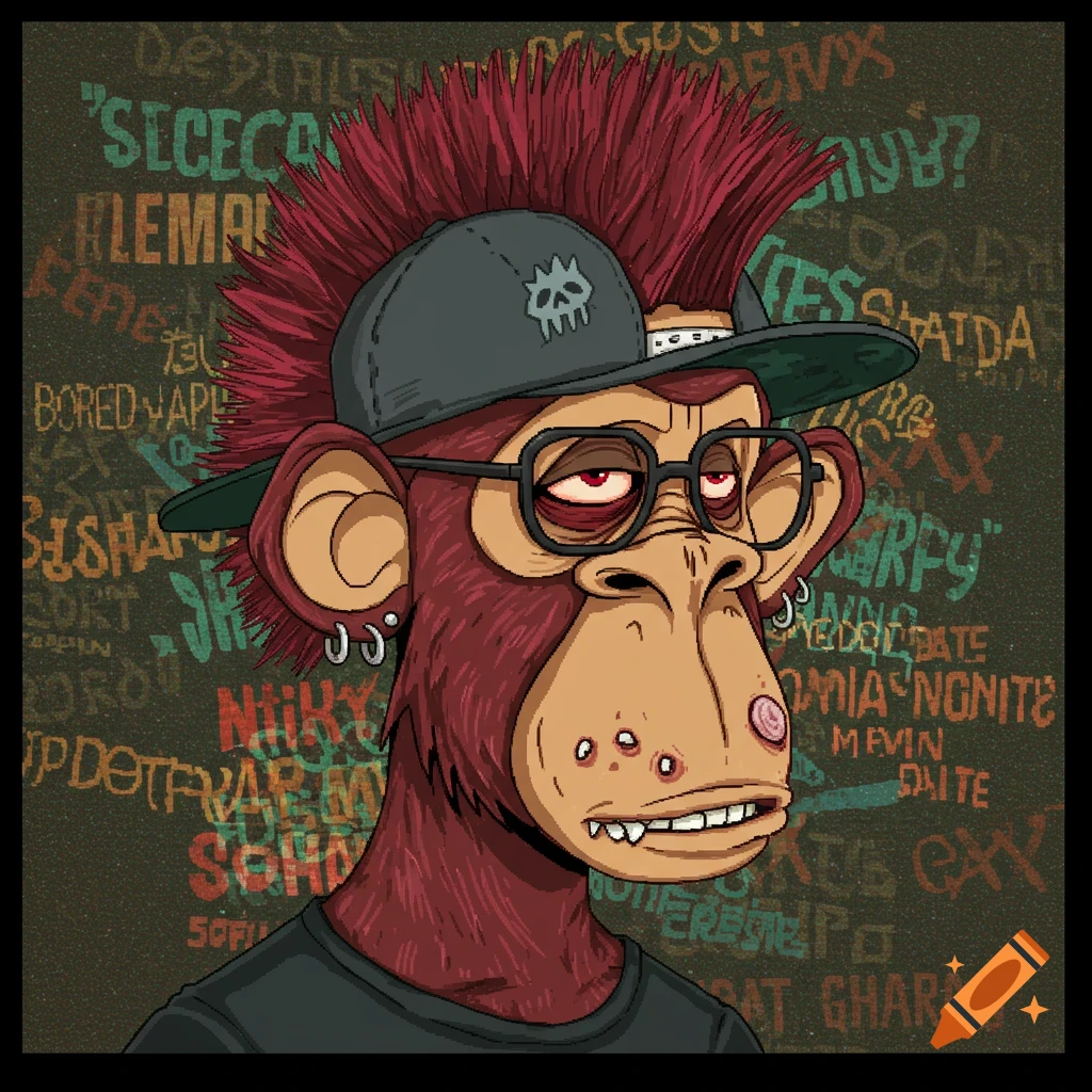 Pixel illustration of a punk monkey with a mohawk, cap, glasses, and earrings against a graffiti background.