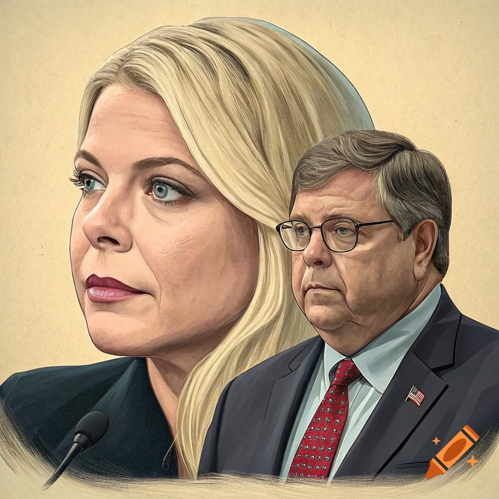 Stylized illustration of Pam Bondi and Bill Barr.