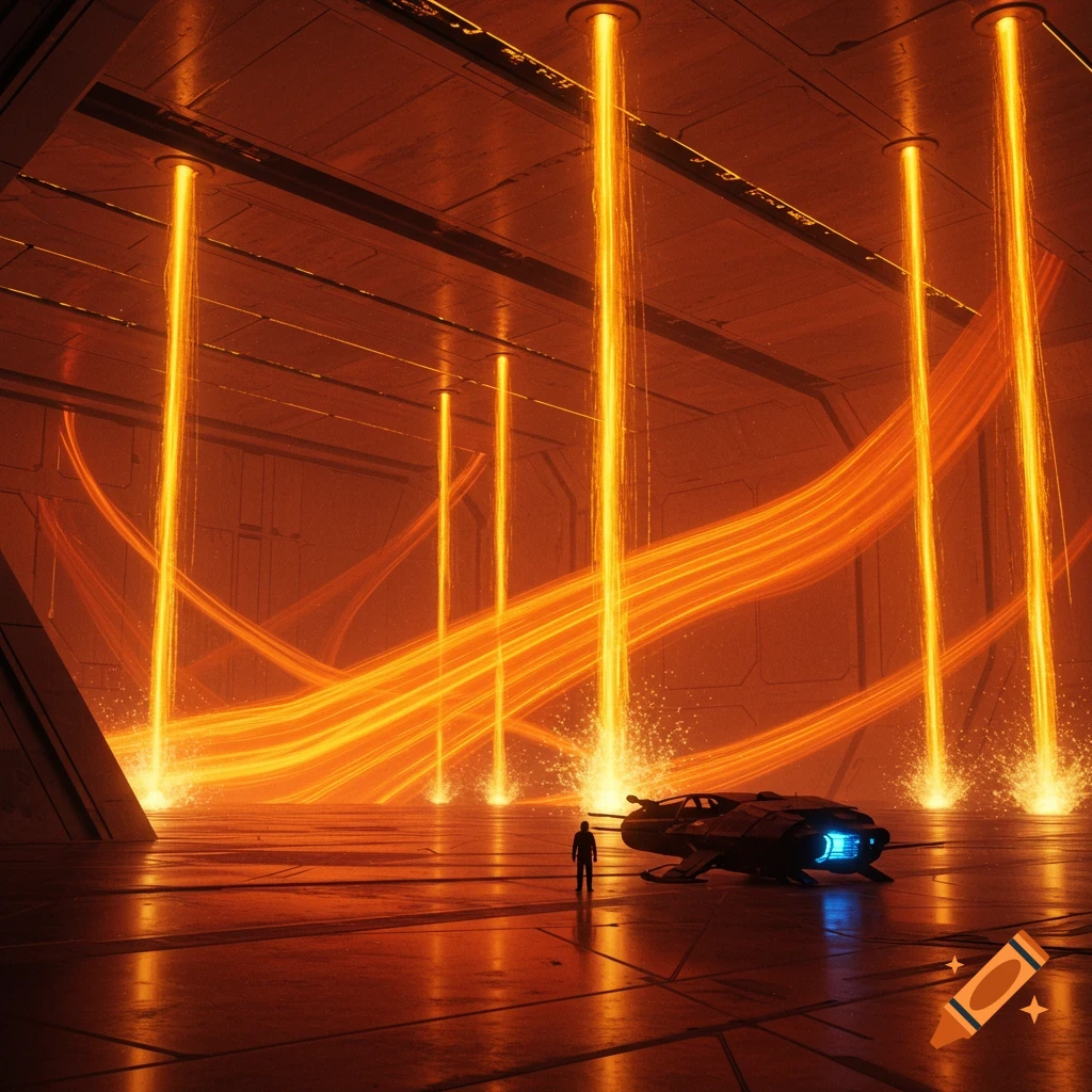 Vast futuristic room with orange light beams, a tiny figure, and a spaceship on the floor.