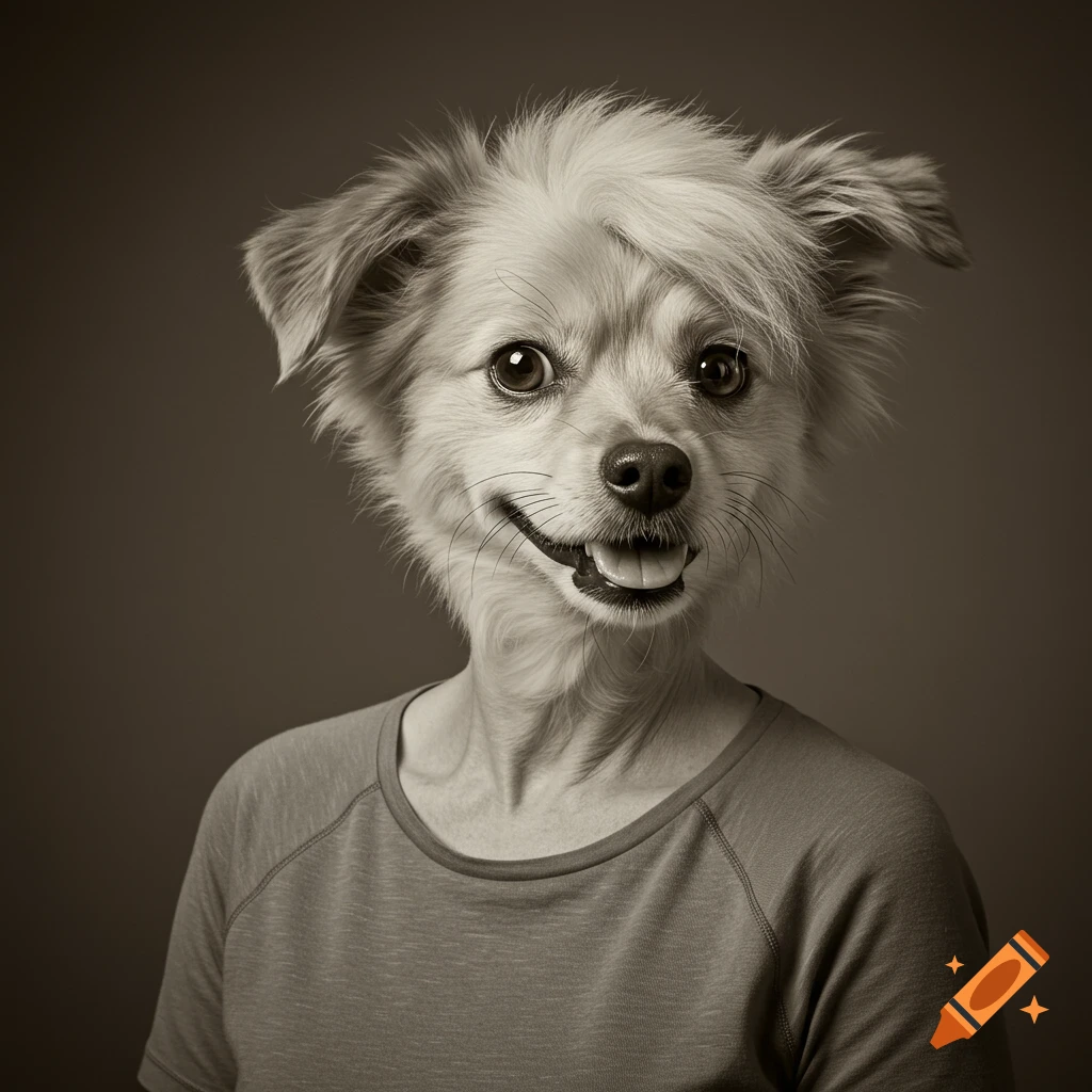 Photorealistic sepia portrait of a dog's head on a human body wearing a t-shirt.