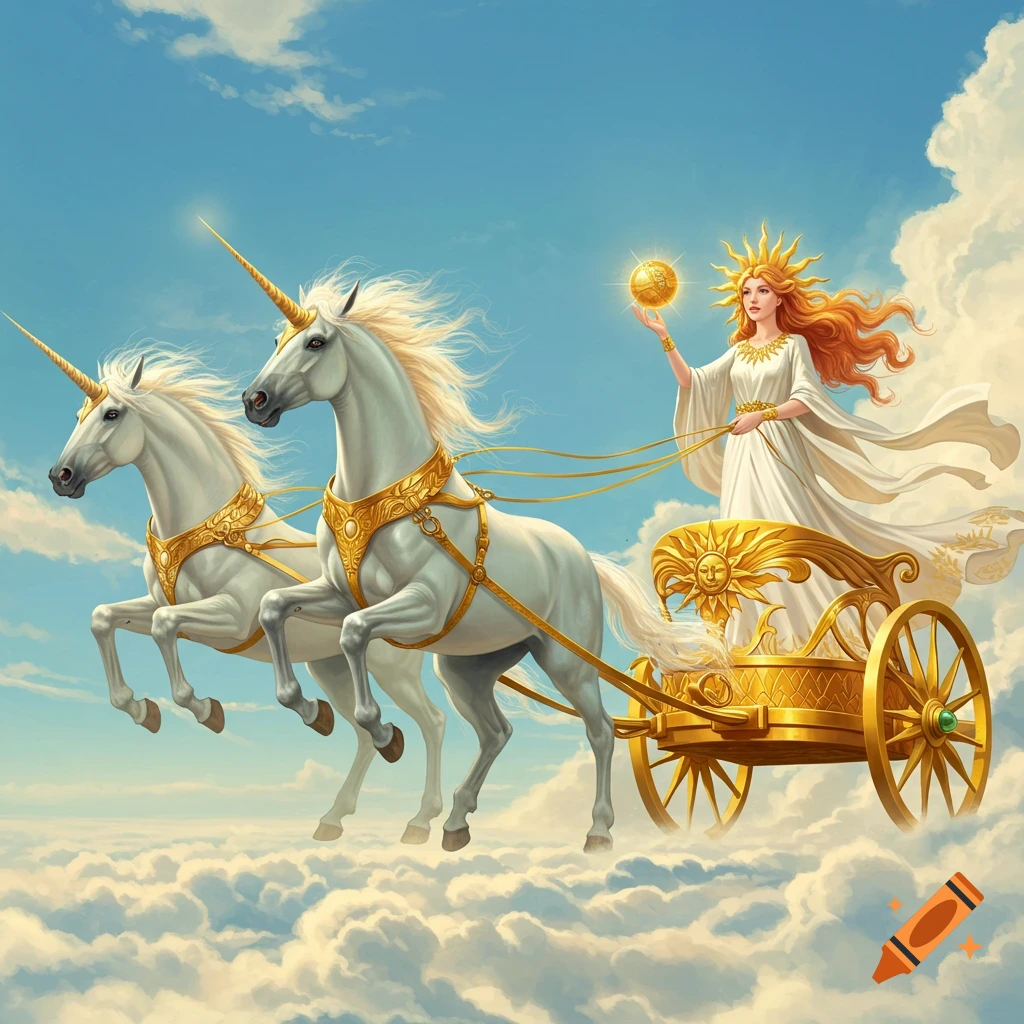 A goddess in a golden chariot pulled by two white unicorns flies through bright clouds in a blue sky, holding a glowing sun.