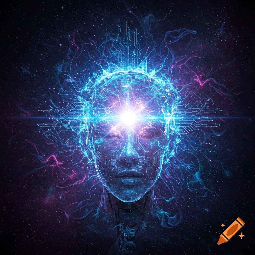 A glowing, circuit-filled head representing artificial intelligence in space