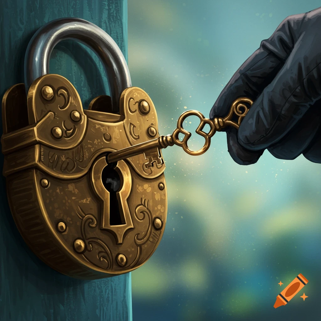 Gloved hand inserts ornate golden key into large brass padlock.