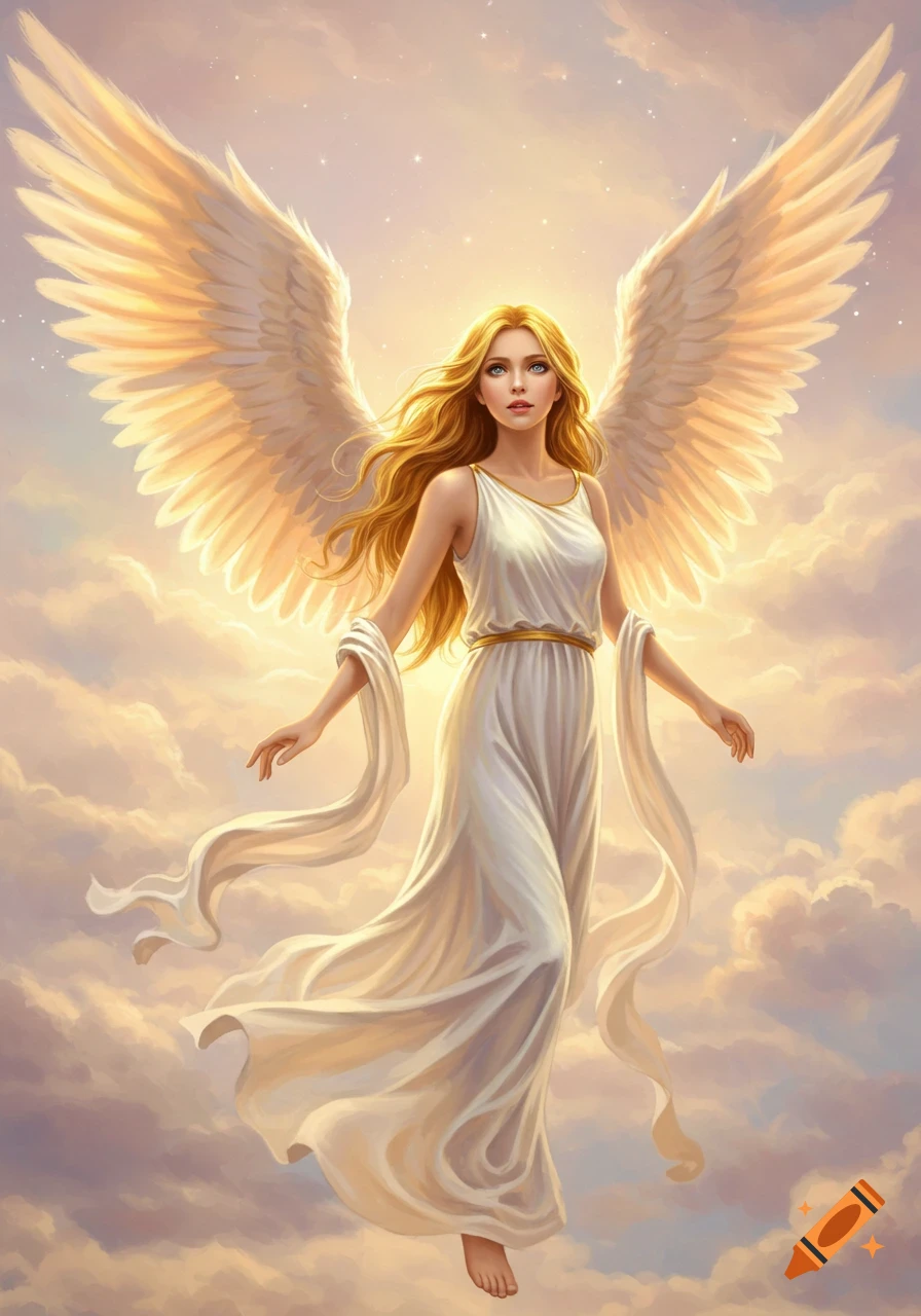 Blonde angel with large wings floating in a cloudy sky at sunset.
