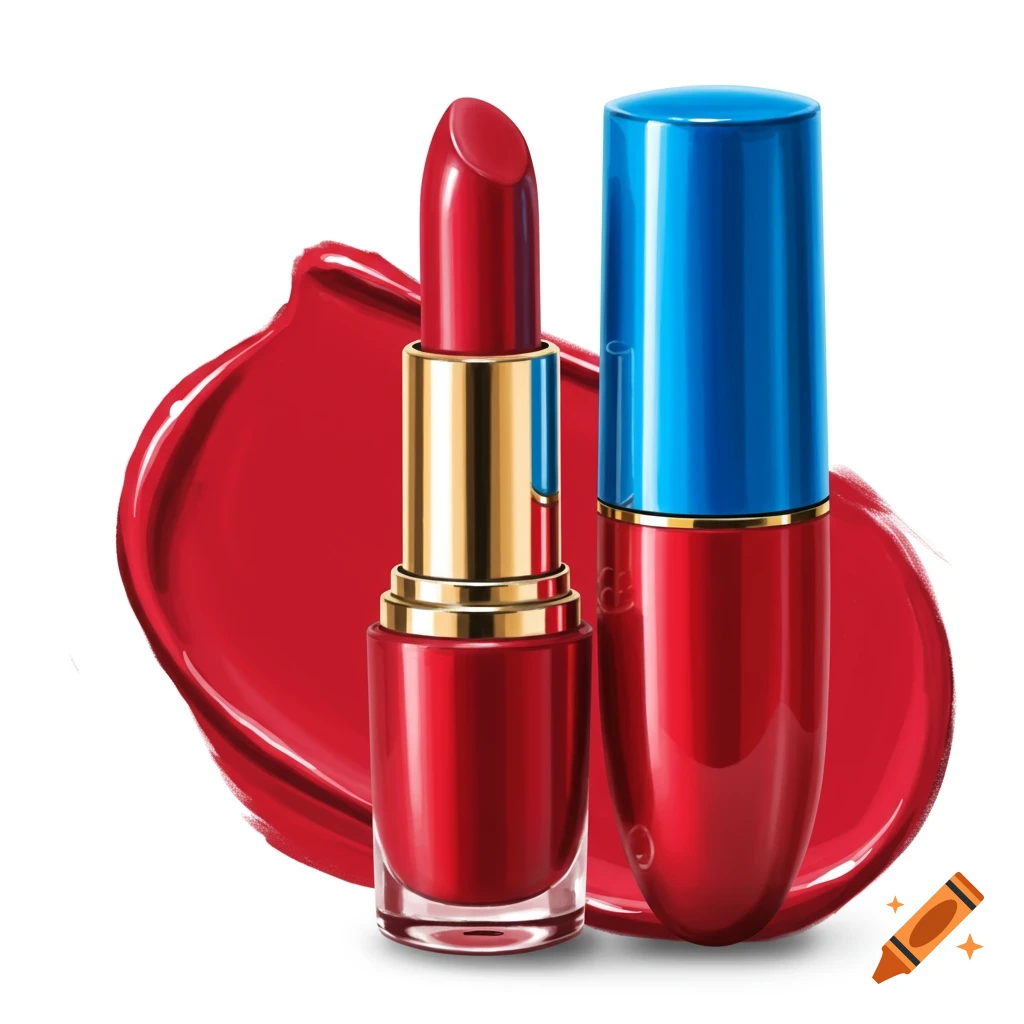 Red lipstick and lip gloss with a blue cap, with a red smear behind them.