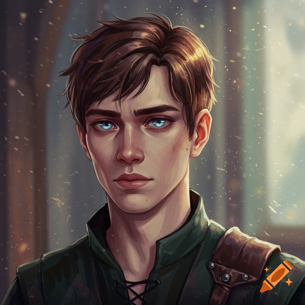 Image of a young man with brown hair and striking blue eyes, wearing a dark green top with lacing.