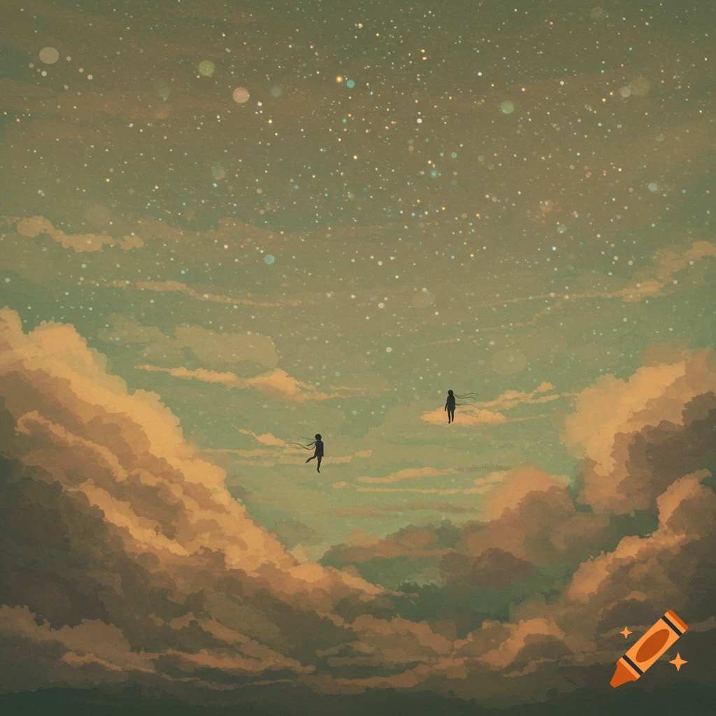 Two small silhouettes float among stylized brown and green clouds under a starry sky.