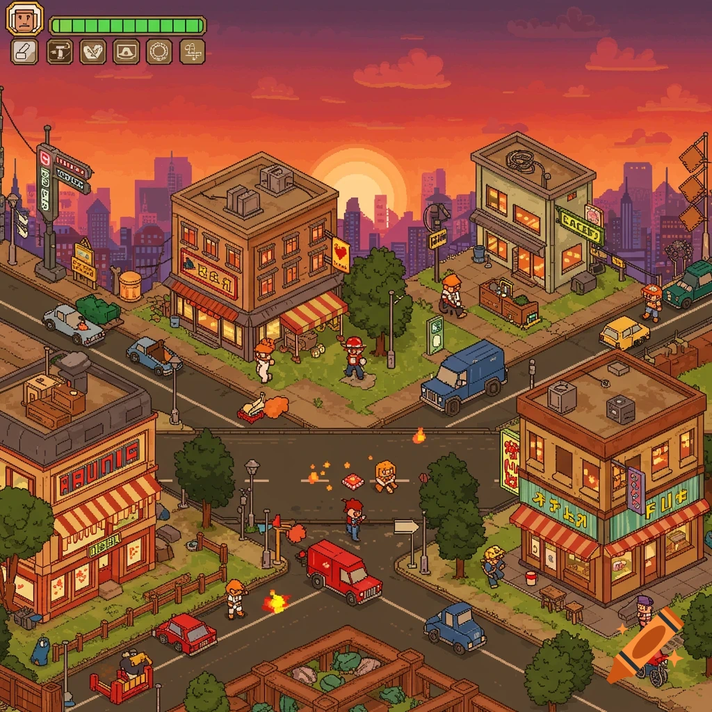 Isometric pixel art city scene with buildings, cars, and people under a sunset sky, in a retro game style.