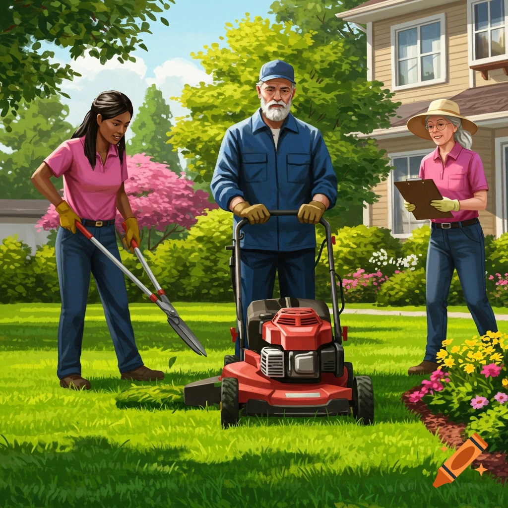 People doing lawn care in a yard.