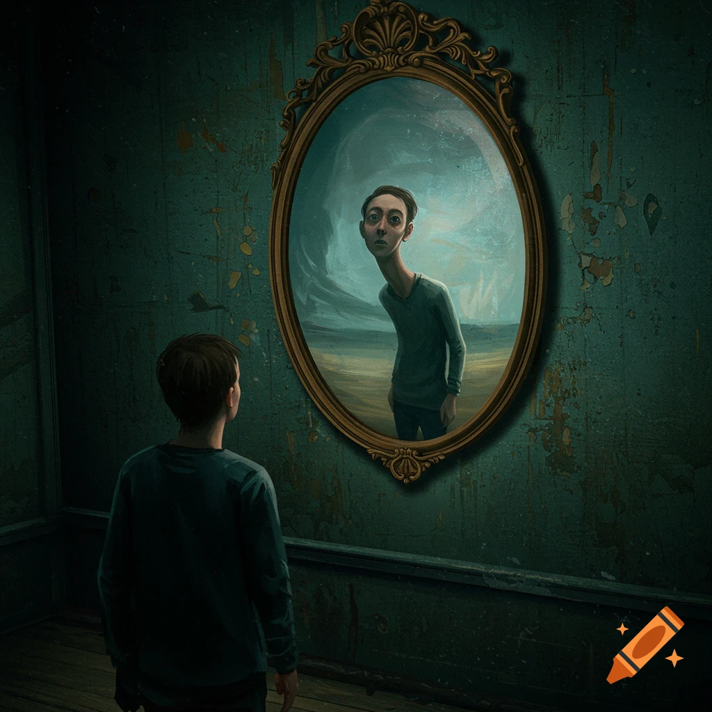 A person stands in a dark room looking into a mirror showing a surreal, distorted reflection.