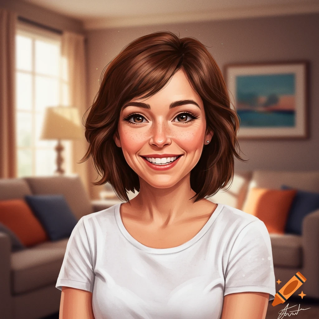 A smiling woman with freckles and short brown hair in a living room