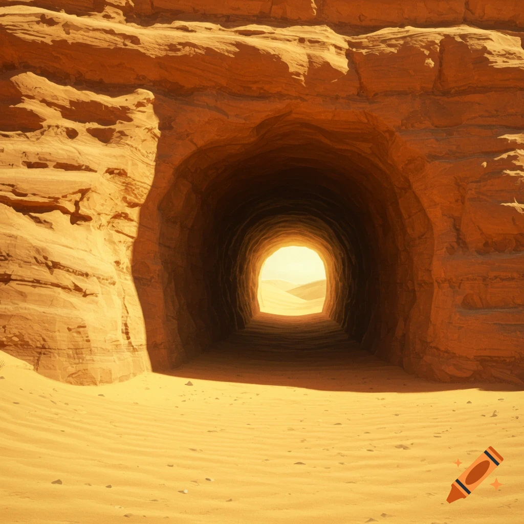 A tunnel entrance in a sandy desert, looking out towards bright light and dunes.