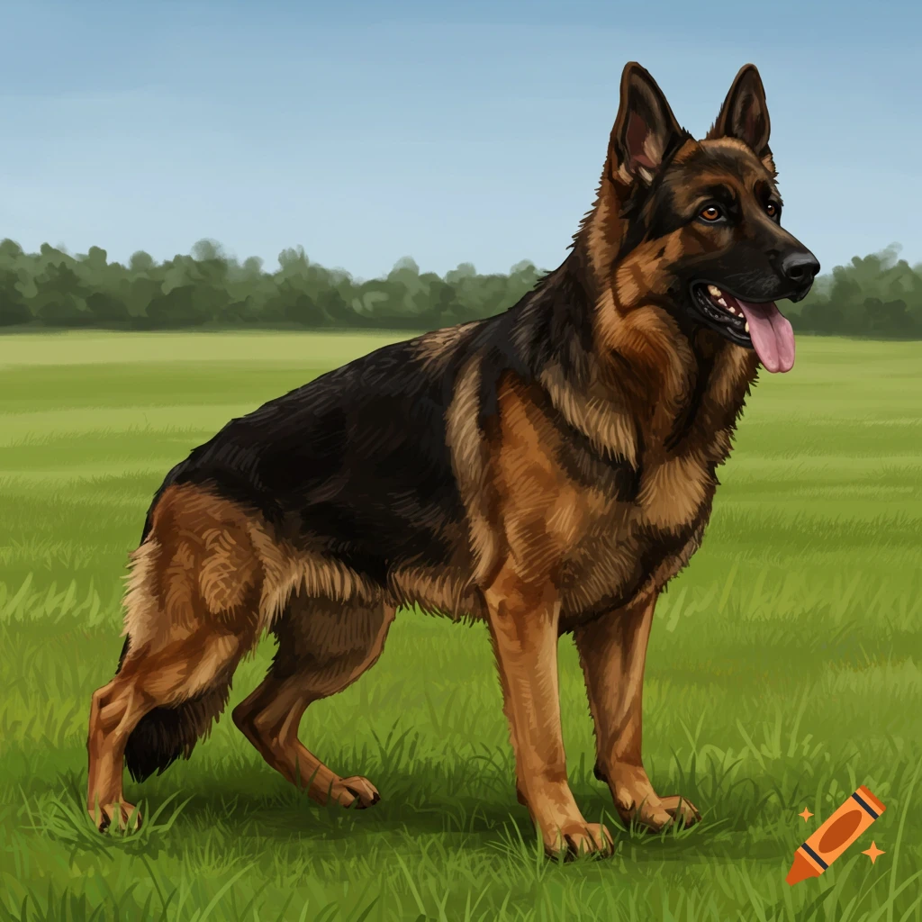 A German Shepherd dog stands in a grassy field.