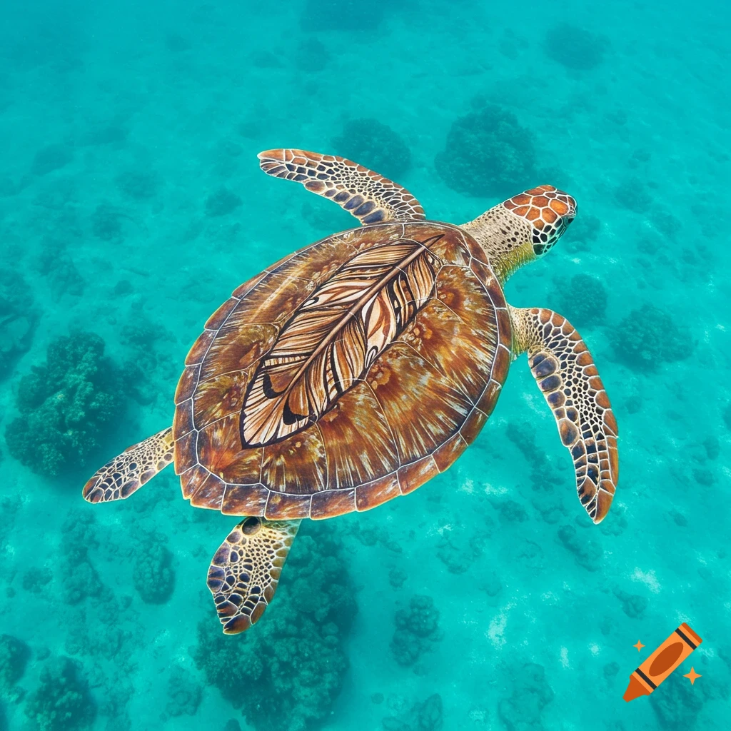 A green sea turtle with an eagle feather pattern on its shell swims in clear turquoise water.