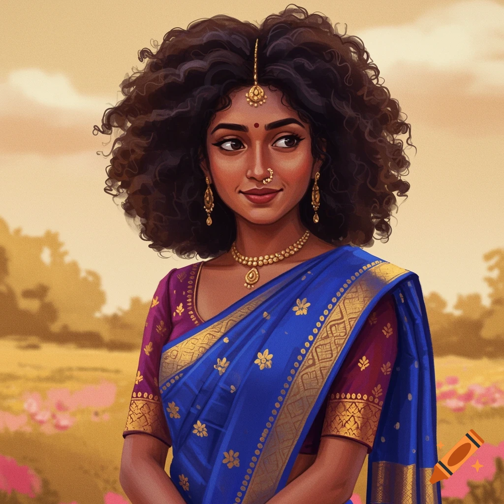 A young Indian woman with curly hair is wearing a blue and gold saree.