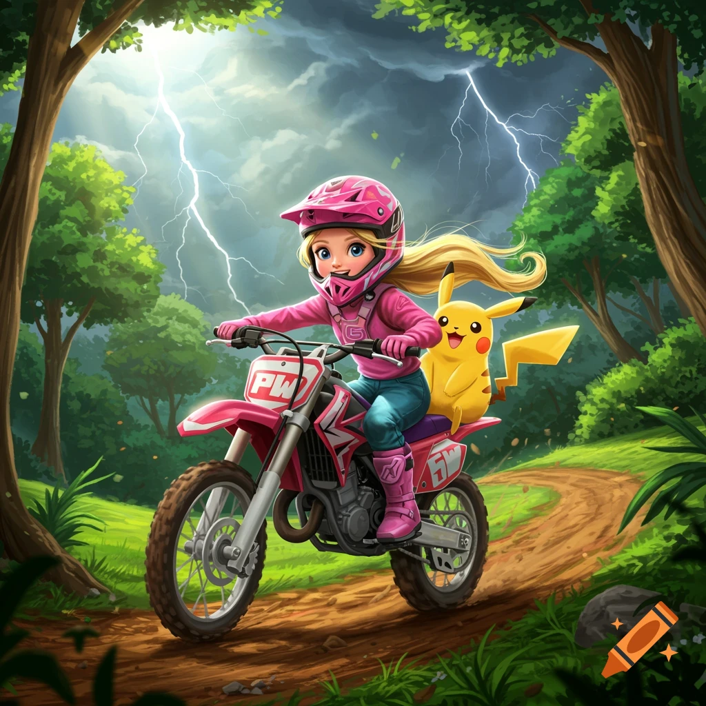 A girl in a pink helmet and Pikachu riding a pink dirt bike through a forest with lightning.