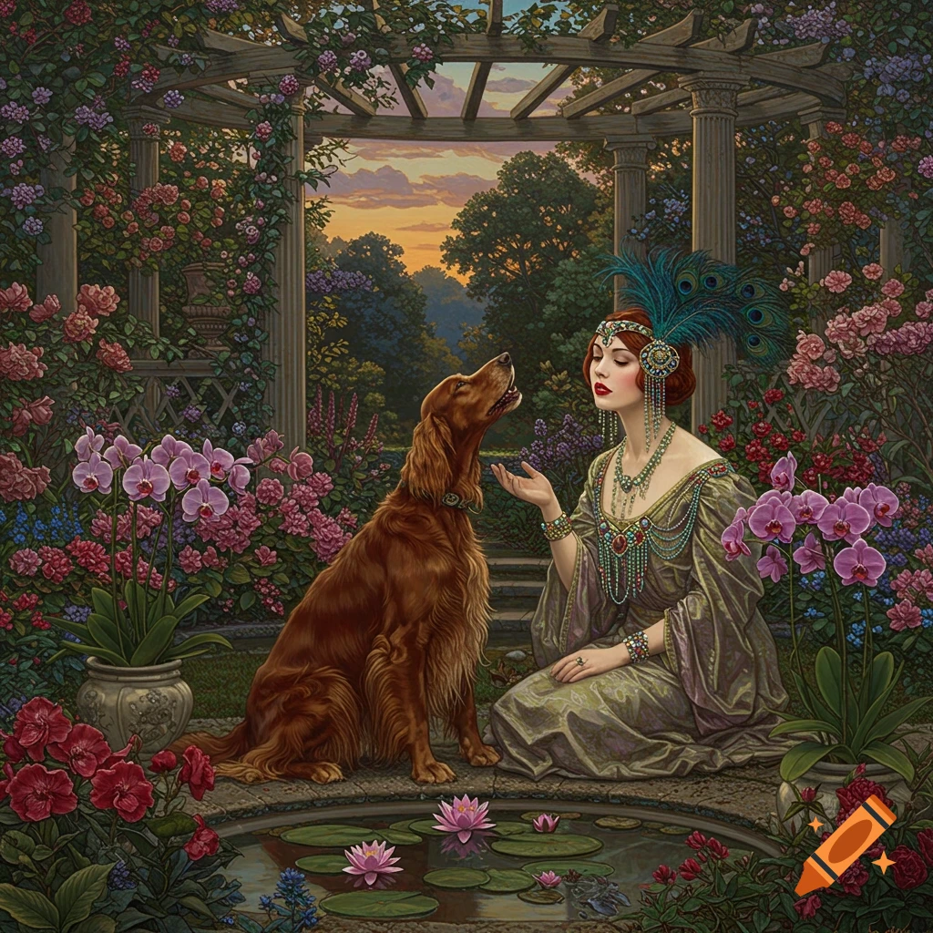 A woman in a vintage dress with a peacock feather headpiece sits with a dog in a lush garden by a pond. Painting style.
