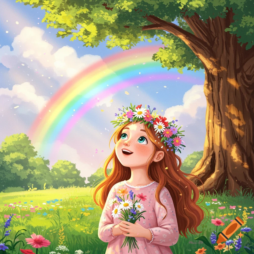 A girl wearing a flower crown in a meadow looks up at a rainbow.