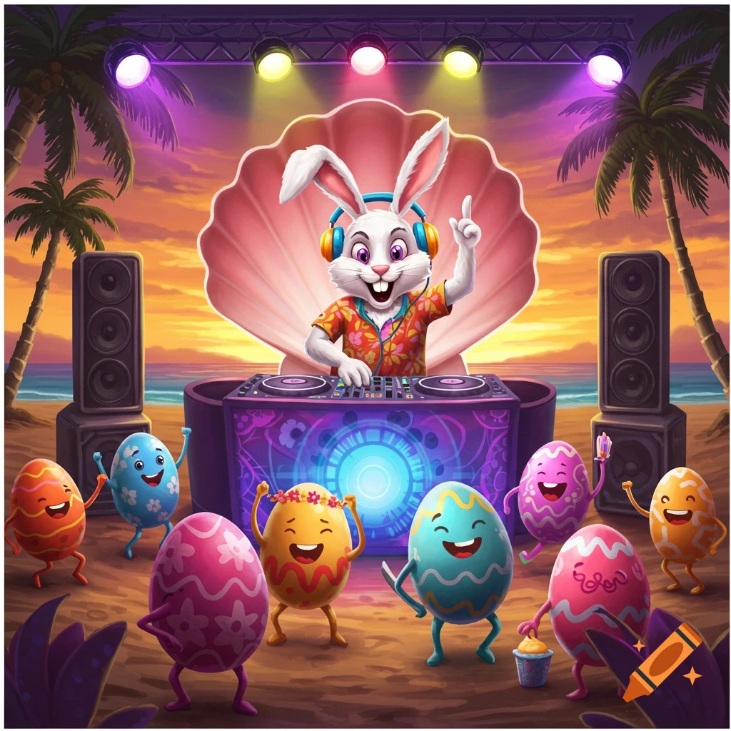 Cartoon Easter bunny DJing on a beach stage with dancing Easter eggs.