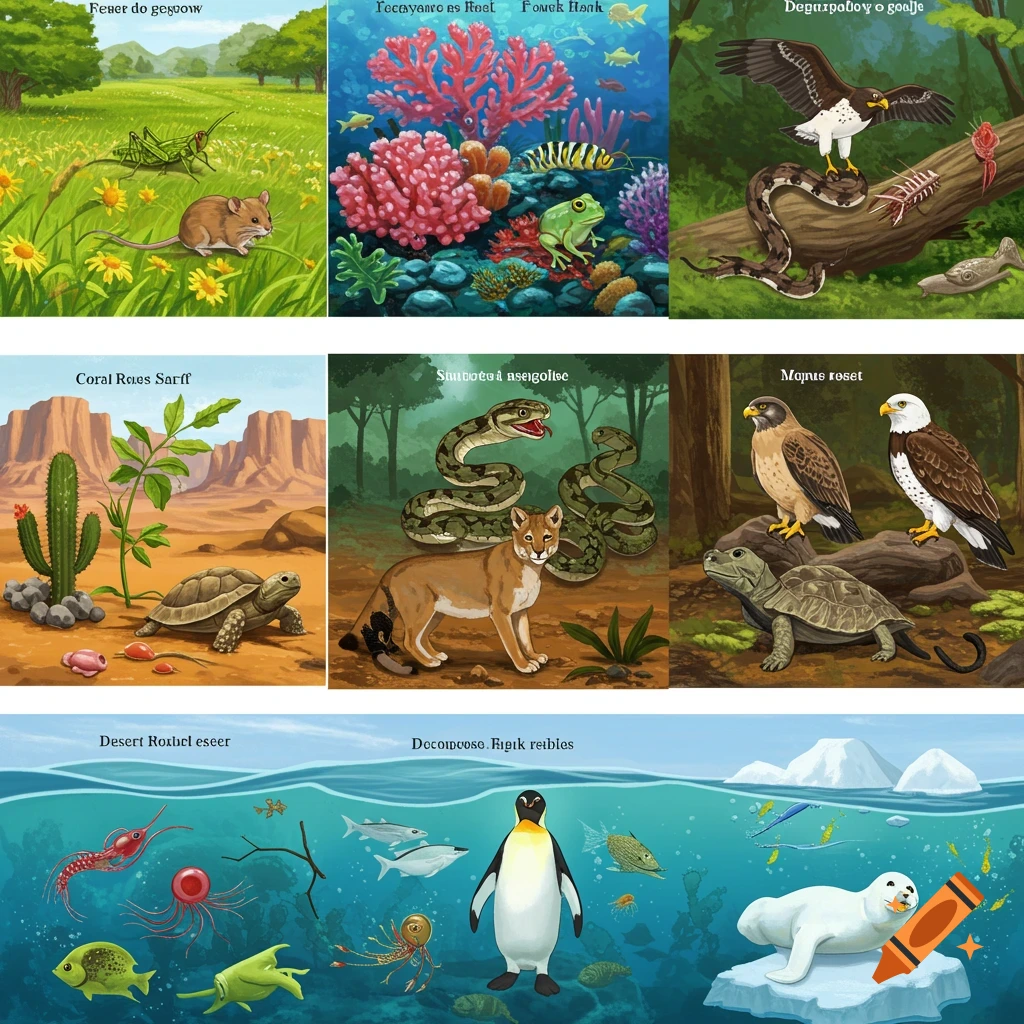 Multiple panels show different animals in various ecosystems: a mouse and grasshopper in a field; fish, coral, and a frog underwater; an eagle, snake, and mouse on a log; a tortoise and cactus in a desert; a cougar and snakes in a forest; birds and a tortoise on rocks; a penguin, seal, fish, and jellyfish underwater. Illustrated style.