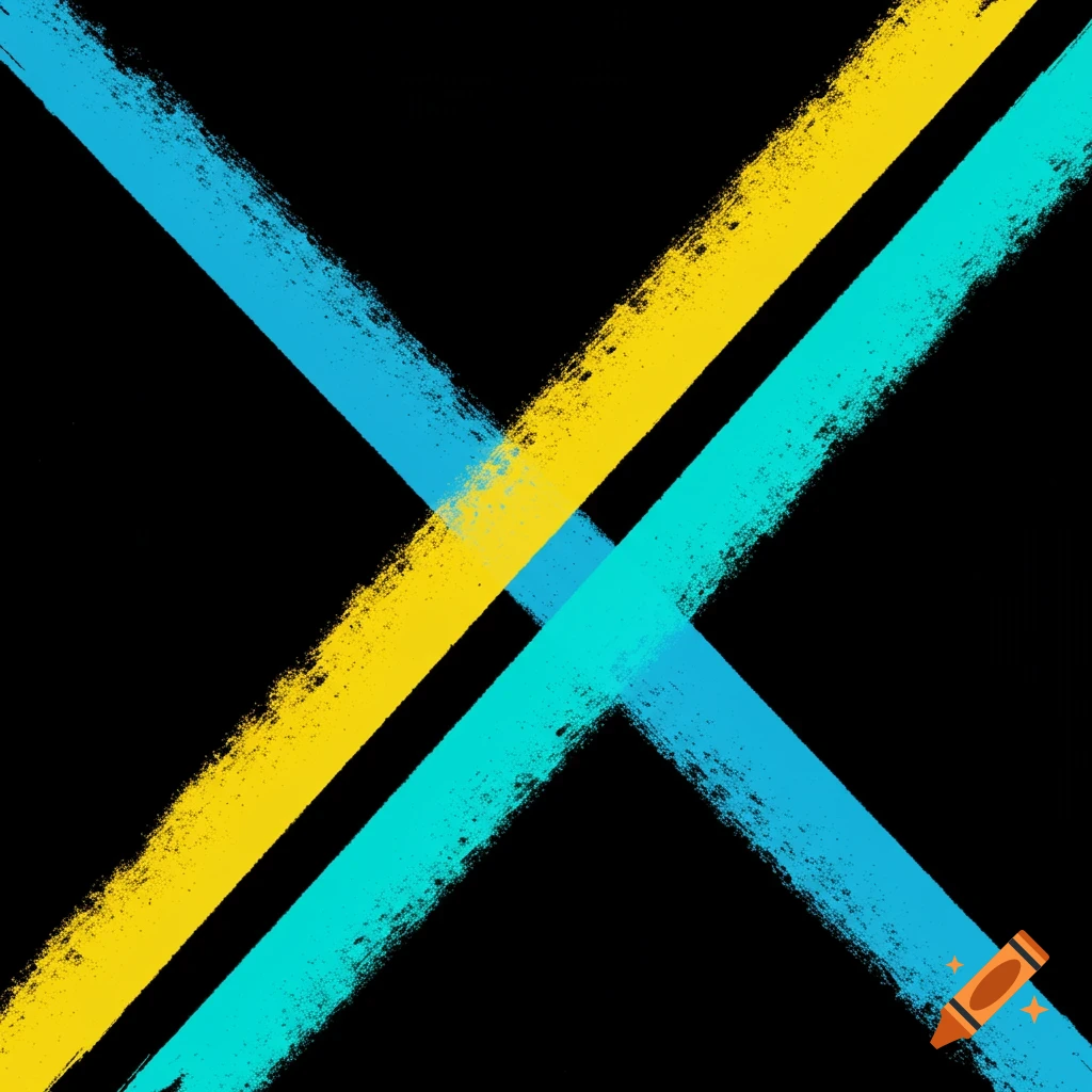 Two textured diagonal lines, one yellow and one teal, intersect on a black background.