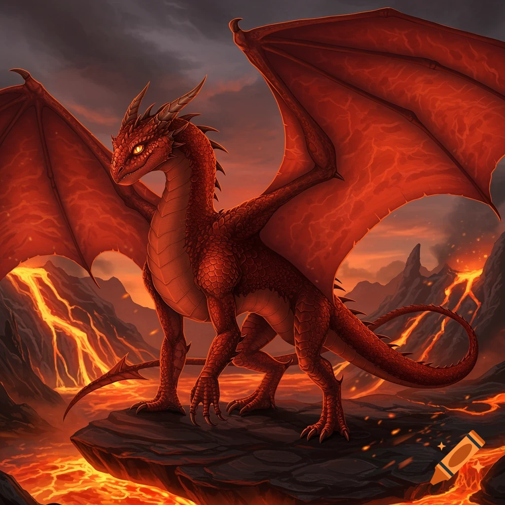 A red dragon stands on a rock surrounded by flowing lava and volcanic peaks.