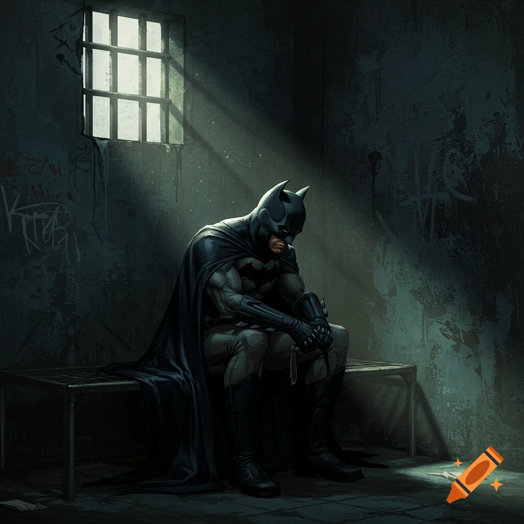 Batman sitting alone on a bench in a dark jail cell with light streaming from a barred window.