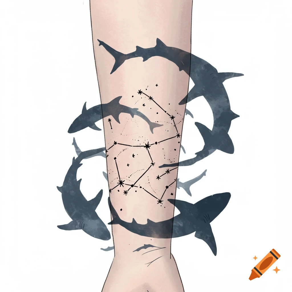Forearm tattoo with constellations and shark shapes