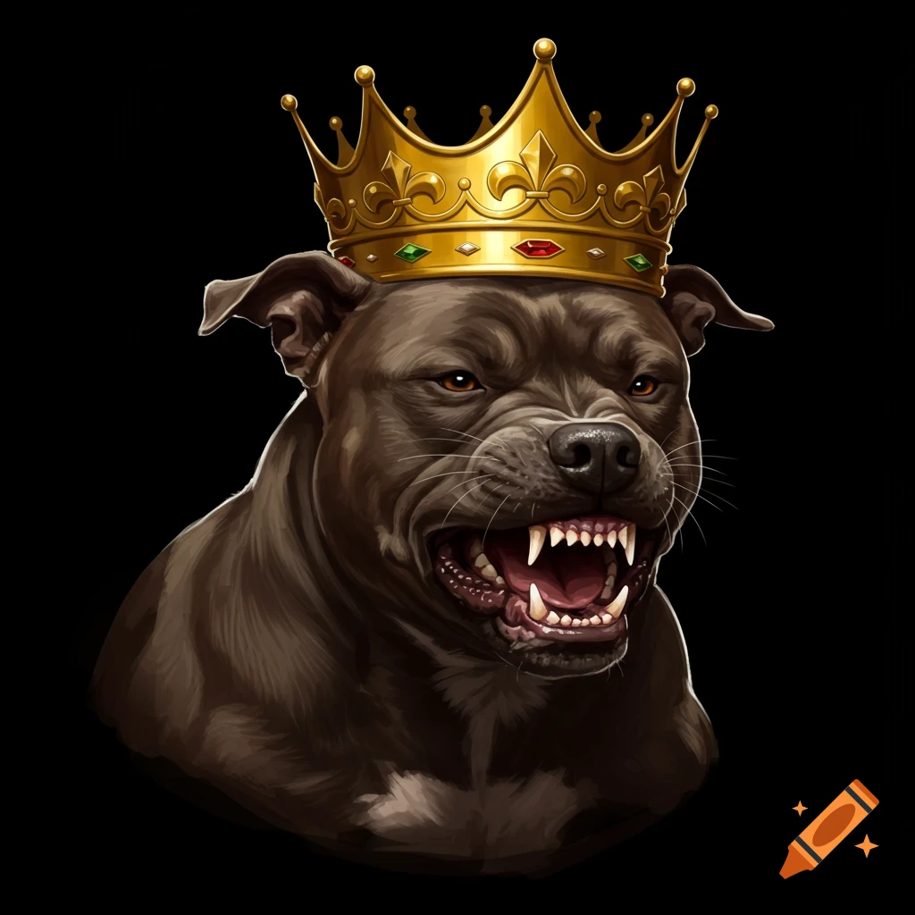 A portrait of an angry pitbull wearing a gold crown.
