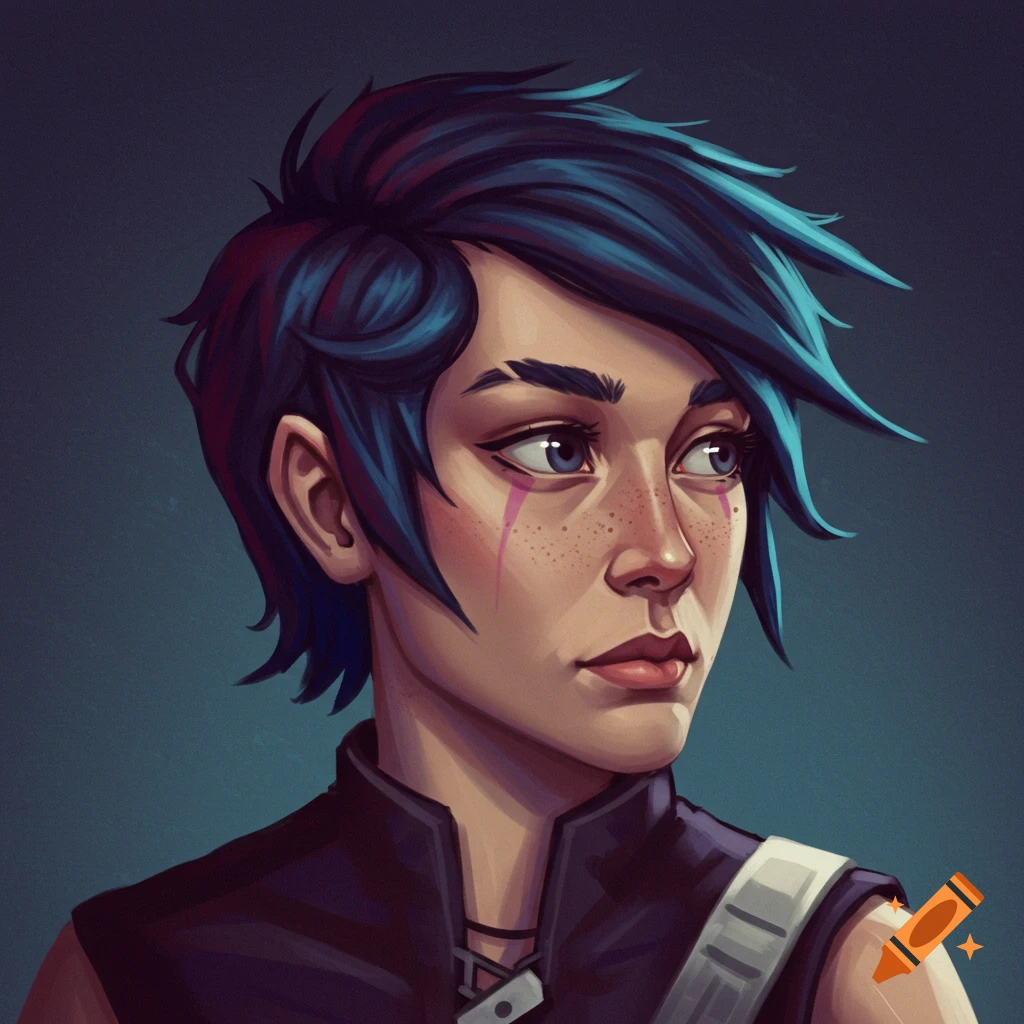 A stylized portrait of a person with short blue hair, freckles, and pink face markings.