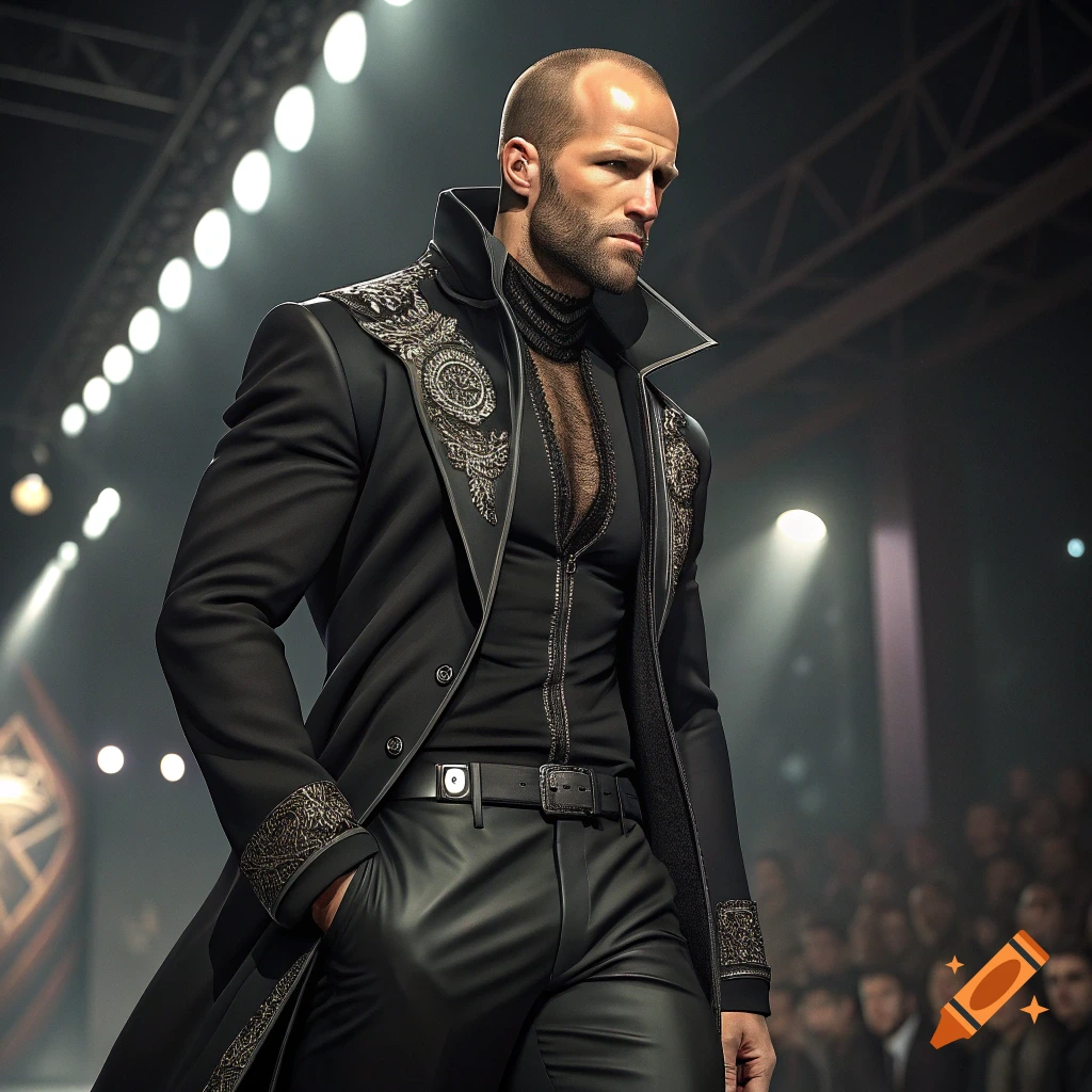 Jason Statham on a runway in a black embellished coat and revealing shirt