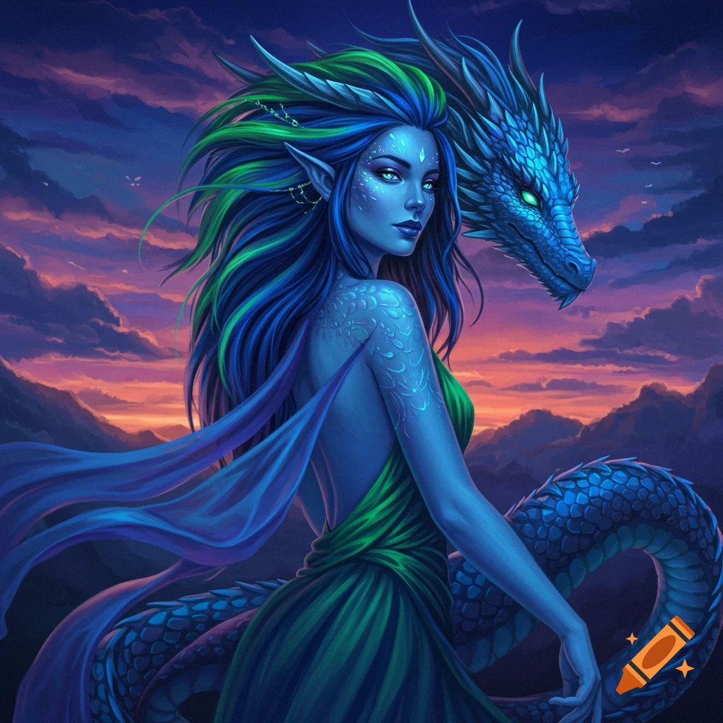 A blue-skinned woman with dragon features and a dragon head, with green and blue hair, against a sunset fantasy landscape.