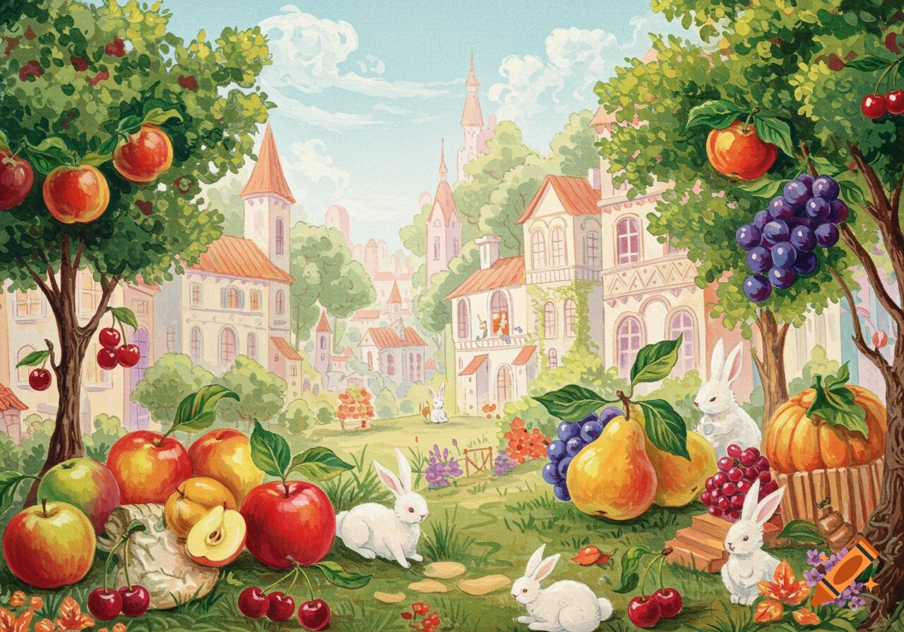 Whimsical landscape with fruit, rabbits, and buildings in a pastel Fragonard style.