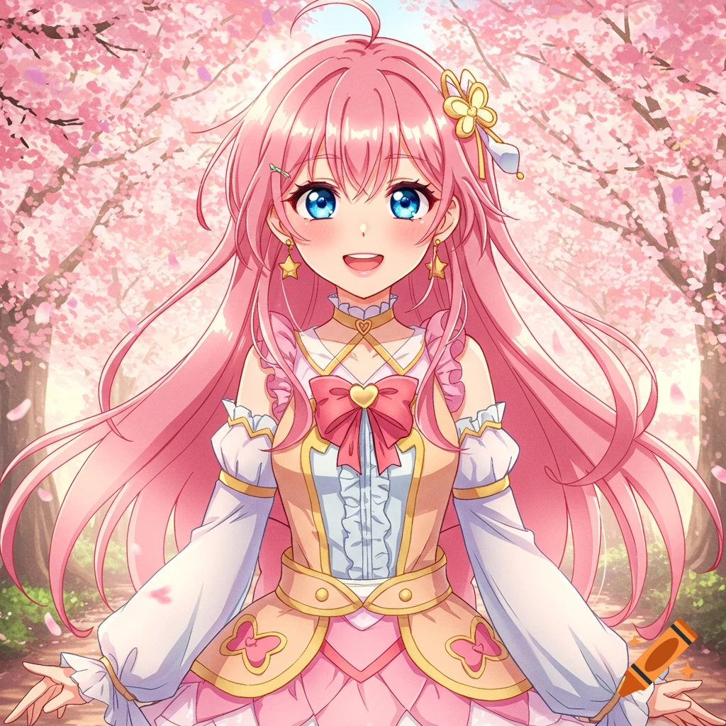 Anime girl with pink hair and blue eyes smiling in a cherry blossom forest.