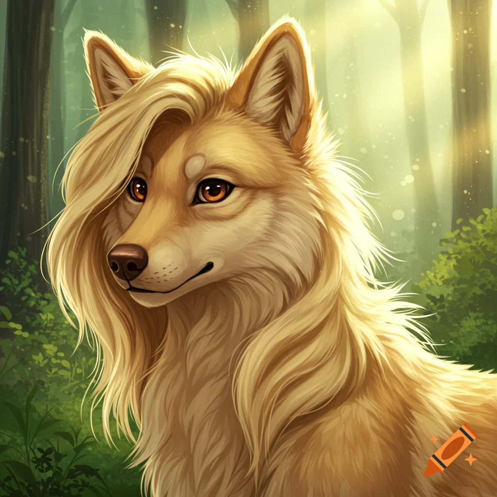A blonde wolf furry with long hair in a forest.