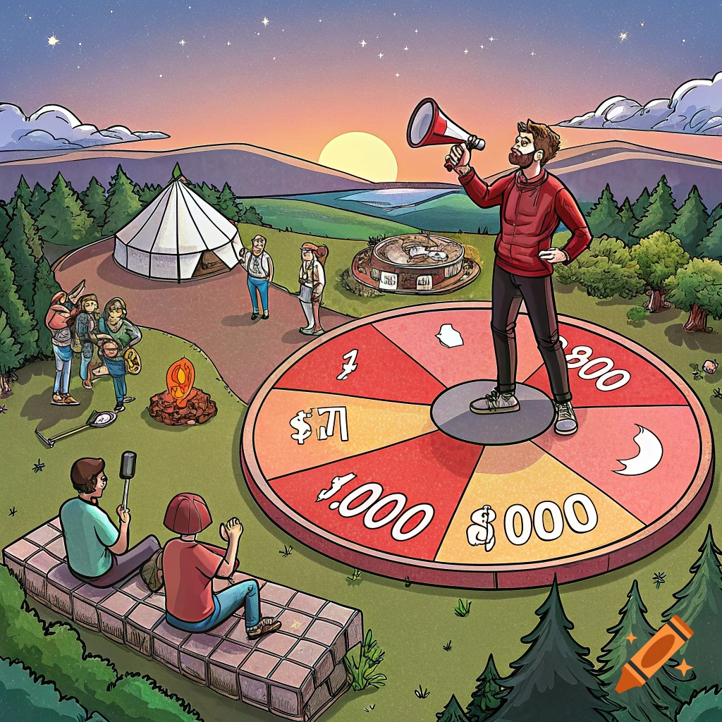 Cartoon illustration of people camping around a giant spin wheel with a man holding a megaphone, at sunset.