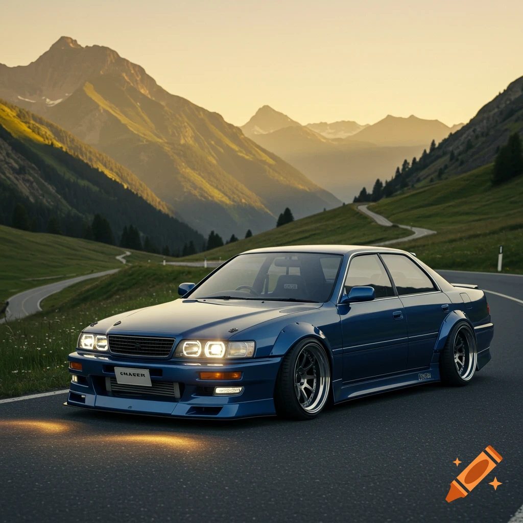 A blue modded Toyota Chaser car is parked on a mountain road at sunset.