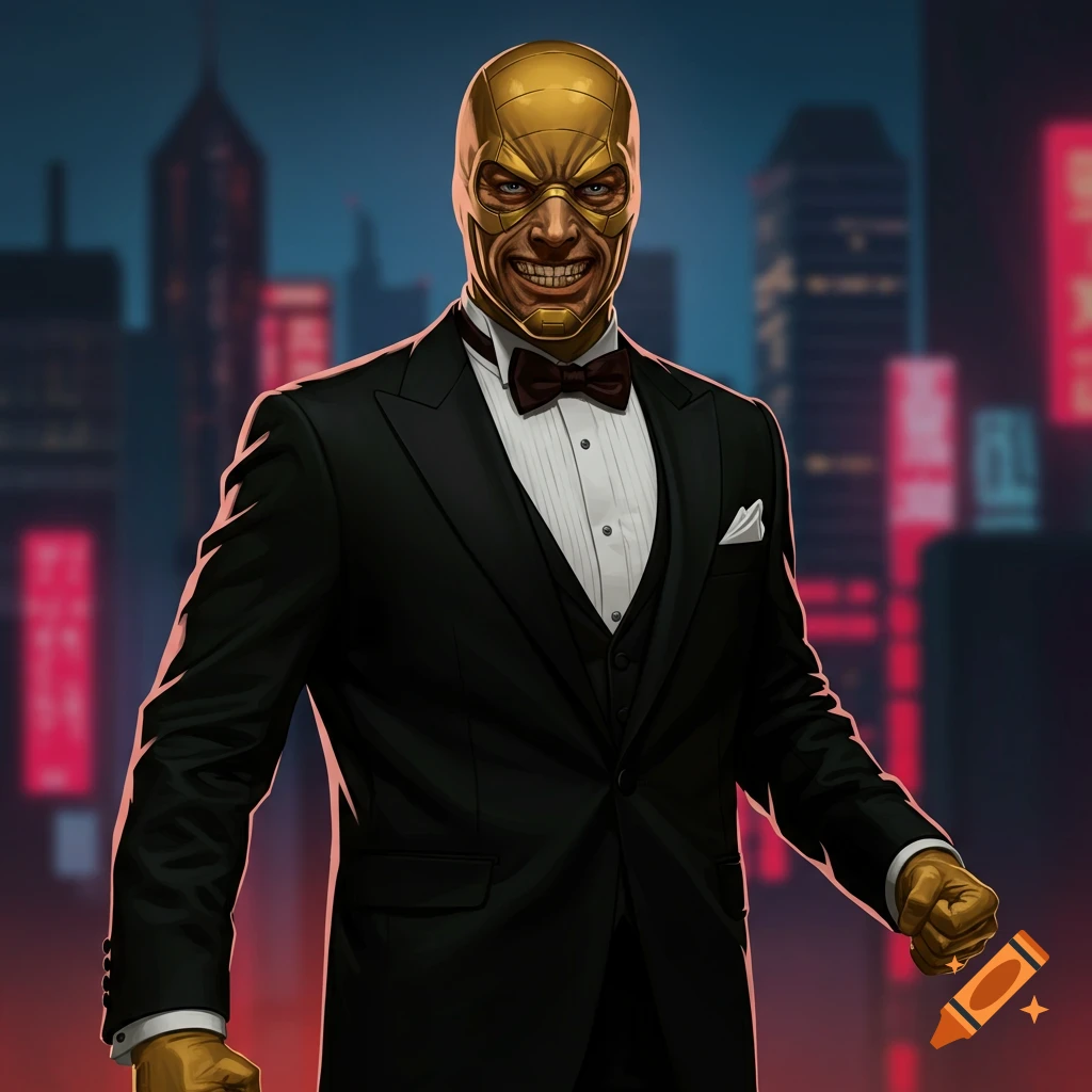 A man in a gold mask and black tuxedo standing in front of a blurred cityscape at night.