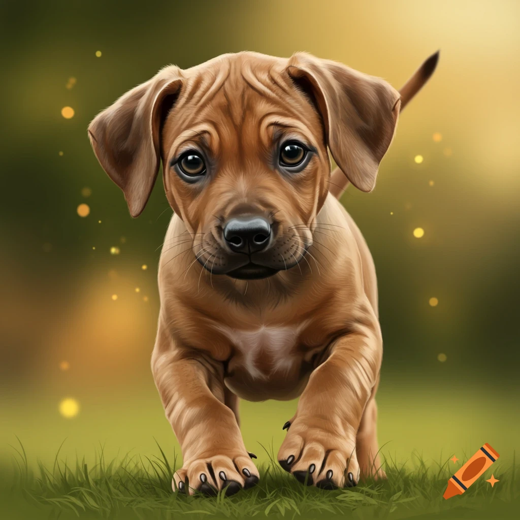 A cute Rhodesian Ridgeback puppy runs through grass.