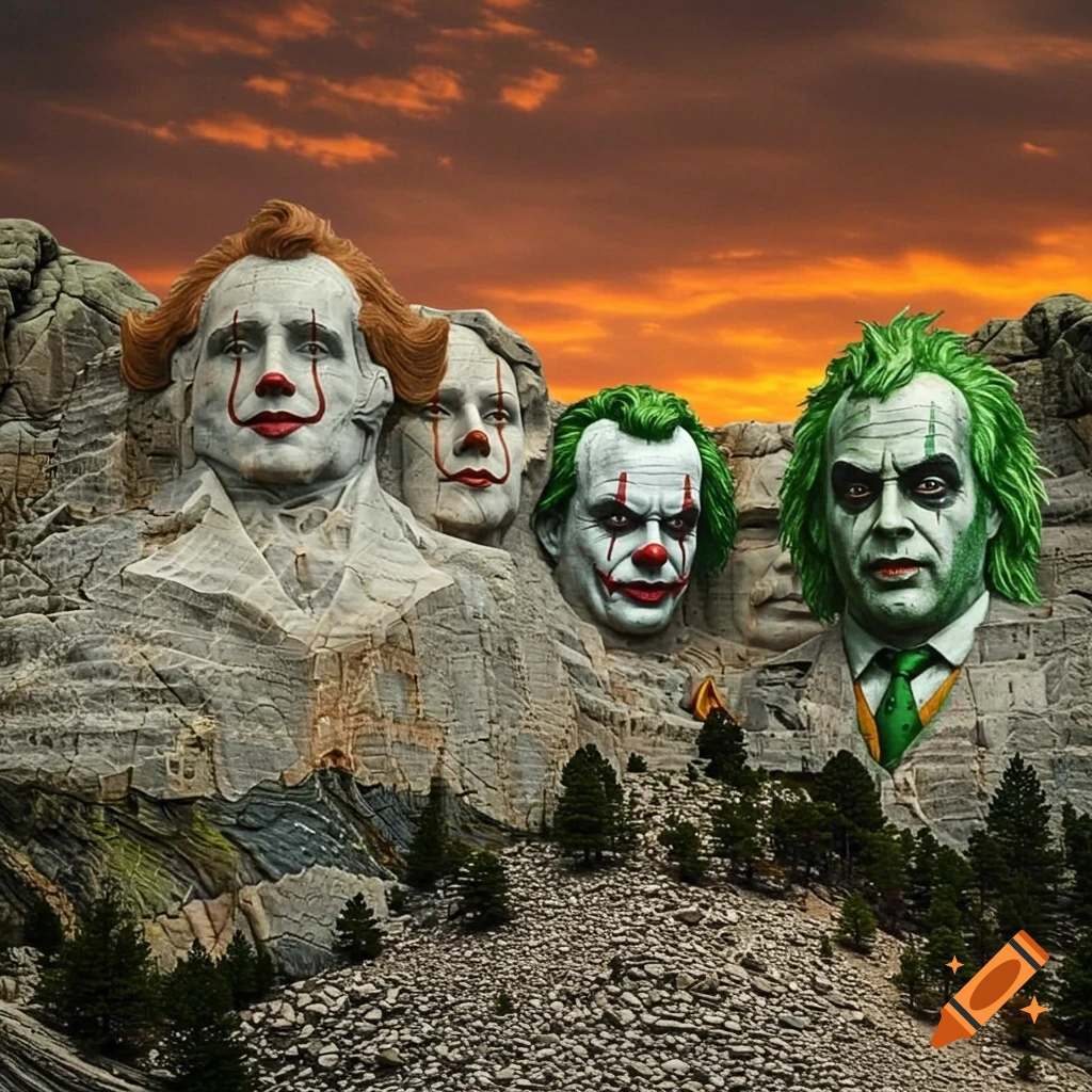 Mount Rushmore carved with faces of Pennywise, Art the Clown, The Joker, and Beetlejuice under an orange sky.
