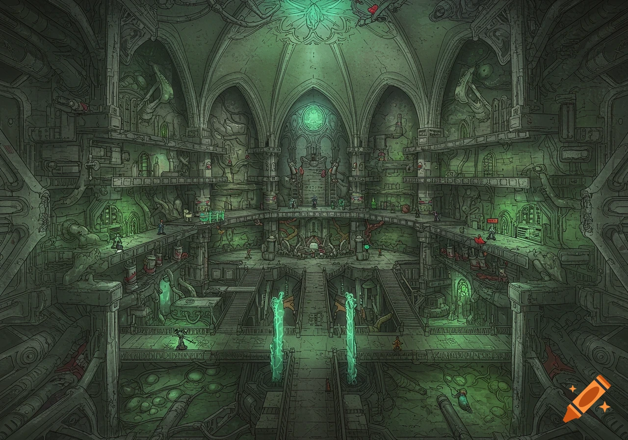 Detailed multi-level sci-fi gothic cathedral battlemap with green lighting.