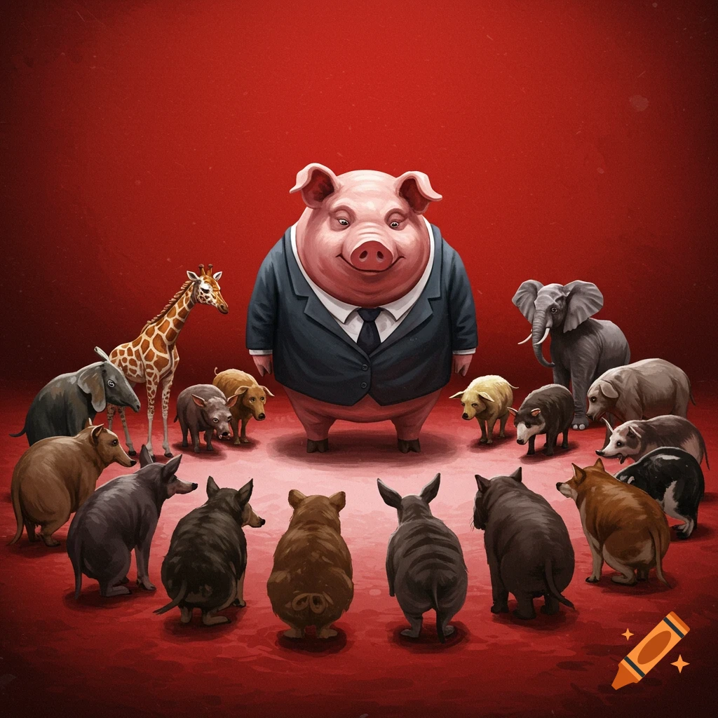 a pig in a suit is surrounded by other animals bowing in a red room