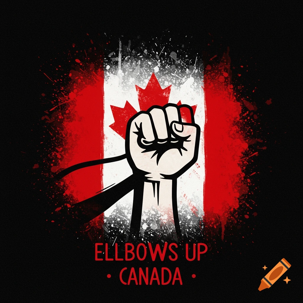 A raised fist against a splattered Canadian flag background with 'ELLBOWS UP CANADA' text in a graphic style.