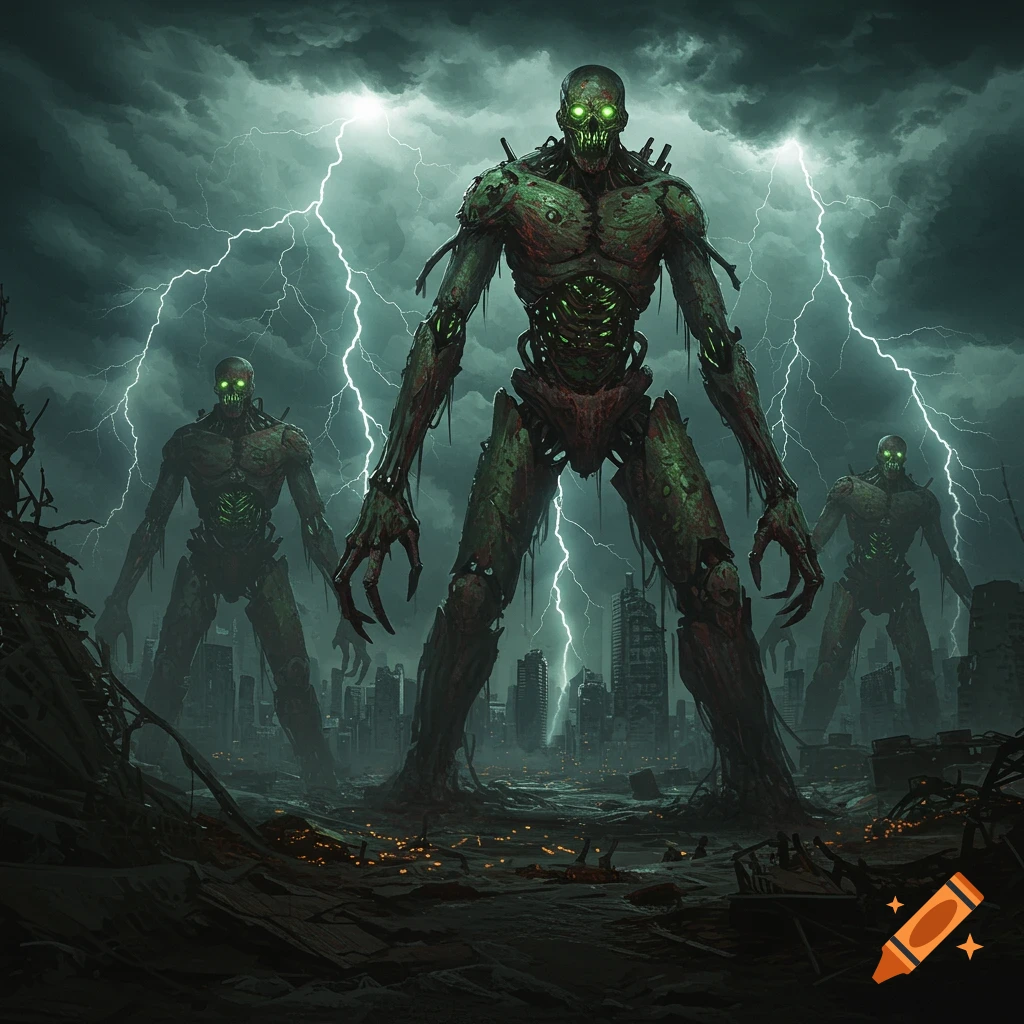 Giant monstrous figures stand in a ruined city under a stormy, lightning-filled sky.